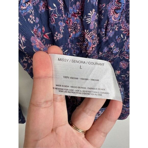 Nine West Jeans Shirt Womens Floral Long Sleeve Purple Blouse High Low Size Larg - Picture 6 of 6